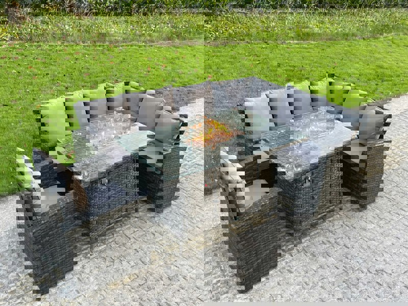 Fimous High Back Rattan Corne r Sofa Set Garden Furniture Sofa Gas Fire Pit Dining Table Gas Heater Chair 7 Seater
