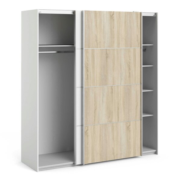 Wyld Haus Bordeaux Wide White and Natural Oak Double Sliding Door Wardrobe 5 Shelves 180cm