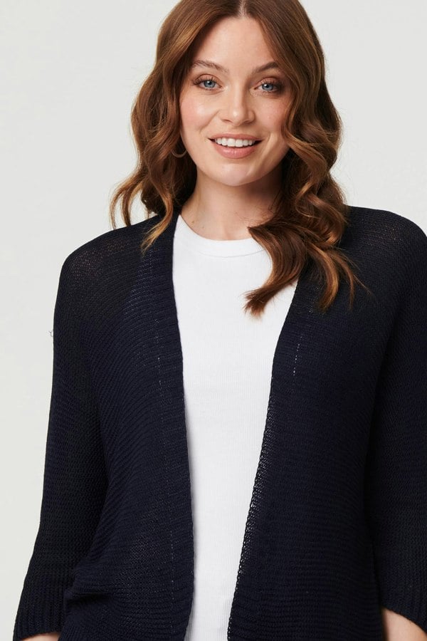 Navy | Mesh Cropped 3/4 Sleeve Open Cardigan