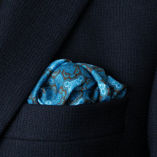 Otway & Orford 'Arabesque' tile design silk pocket square in turquoise, brown & navy (42 x 42cm)
