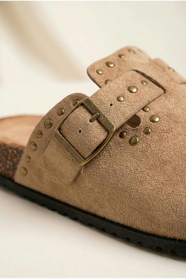 Demi Womens Studded Buckle Clog Mules - Khaki