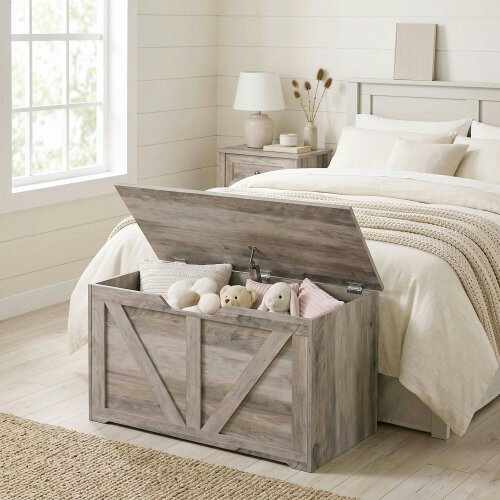 HOMCOM Storage Trunk for Living Room, with Safety Hinge, 80cm, Grey