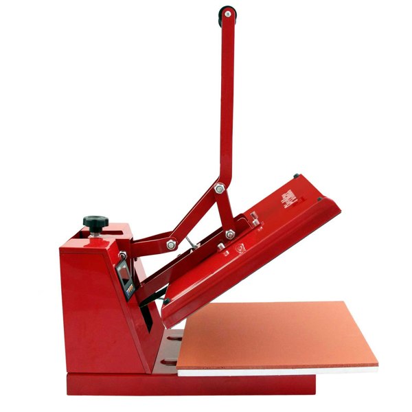 Red PixMax 50cm clam heat press with a sturdy lever, flat heating plate, and adjustable temperature control for vinyl printing
