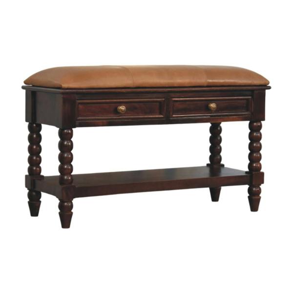 Artisan Furniture Solid Wood Spindle Winewood Leather Bench