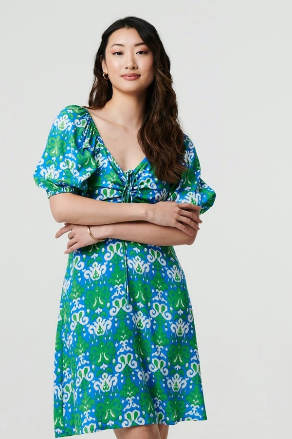 Green | Printed Tie Bardot Neck Short Dress
