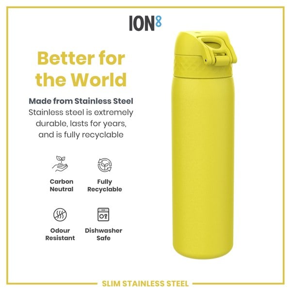 A yellow stainless steel water bottle sits on a white background. It is made from sustainable materials, is durable, recyclable, dishwasher safe, and odor resistant. The brand is ION8.