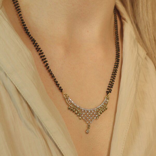 The Colourful Aura Indian Nazaria Gold Leaf Floral Zircon Mangalsutra Black Beads Pendant Necklace