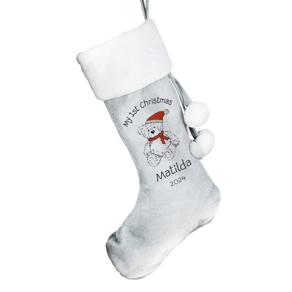 Personalised Memento Company Personalised My 1st Christmas Teddy Silver Grey Stocking