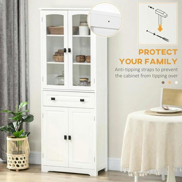 White freestanding cabinet with glass doors, drawer, and anti-tip strap