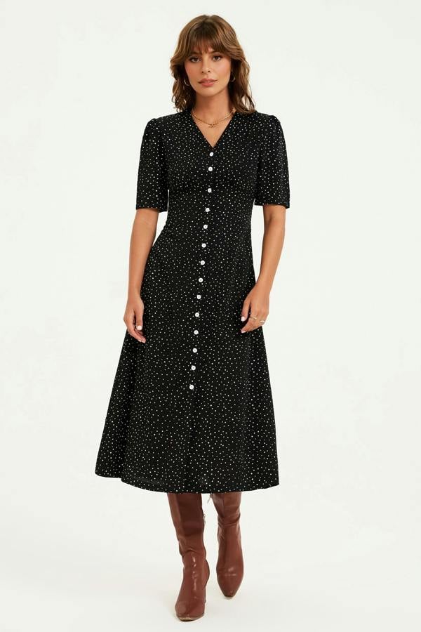 FS Collection Dot Print Button Front Midi Dress In Black
