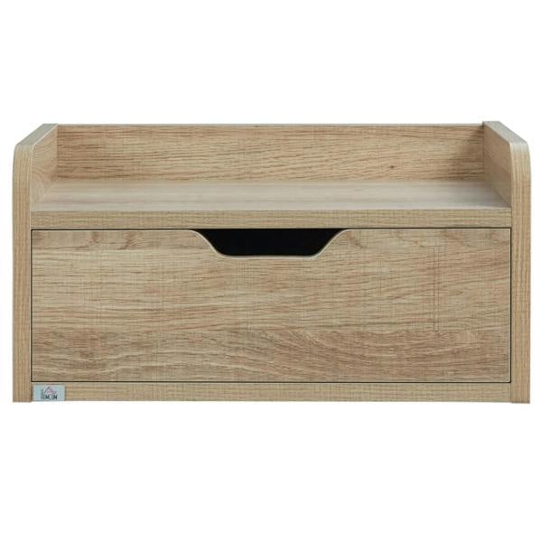 Natural wood floating nightstand with black pull cutout on the drawer front