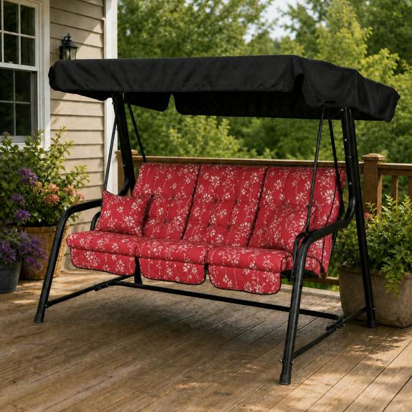 Vienna Deluxe 3 Seater Garden Hammock with Canopy - Free Standing Swing Seat 173cm (L) x 160cm (H) Renaissance Rouge (Black Frame) The Garden Furniture Shop