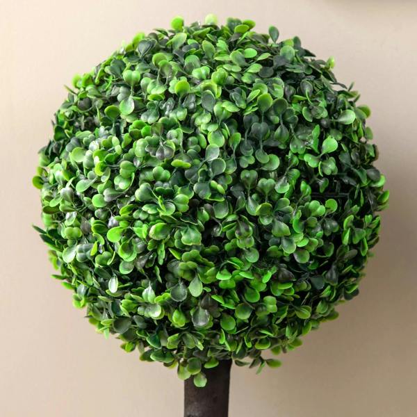 Artificial boxwood ball tree with dense bright-green round canopy in dark pot