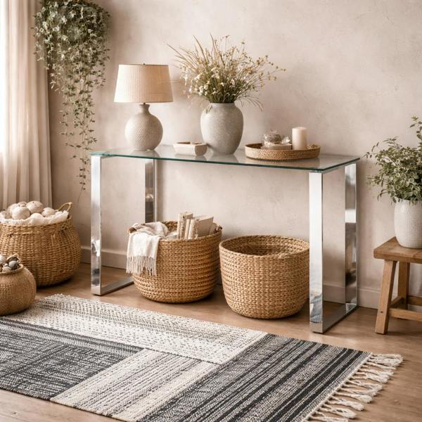 Wyld Haus Frederikssund Glass Top Console Table Silver Legs