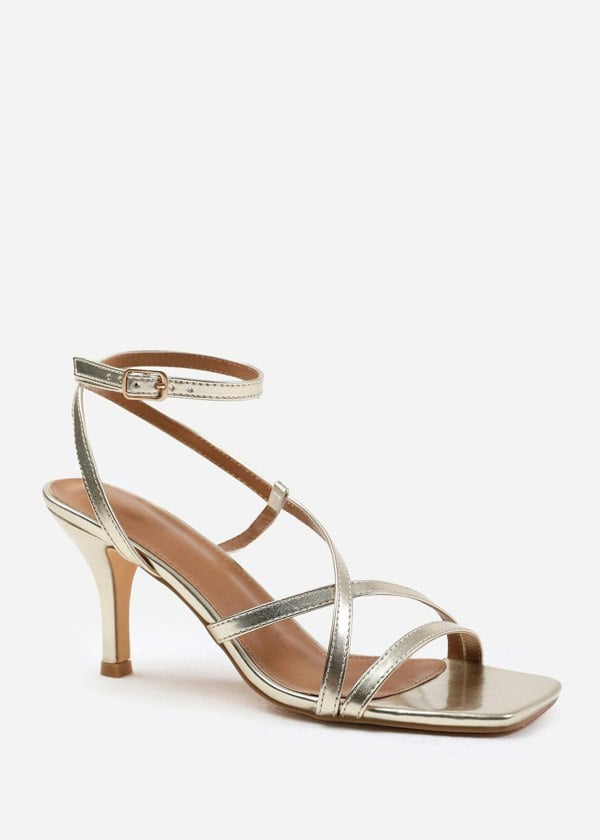 Where's That From Austin Multi Strap Cross Over Mid Heels In Gold Metallic