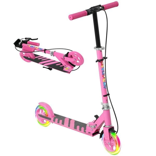 Kids pink scooter with light-up wheels and adjustable handle