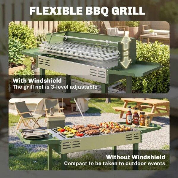 Bobobiy BBQ Rotisserie Grill Roaster Charcoal Spit Roasting Machine for Chicken Turkey with 3-Level Grill Grate, Side Shelves, Dark Green