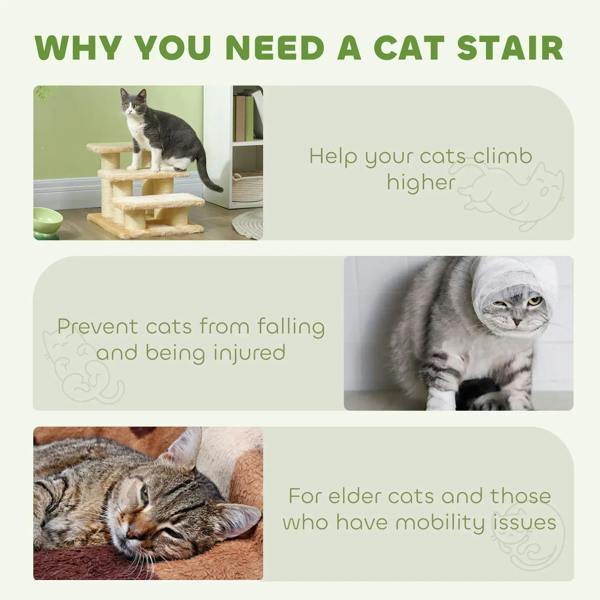 Beige 3-step pet stairs ladder with plush steps and a cat standing on the top