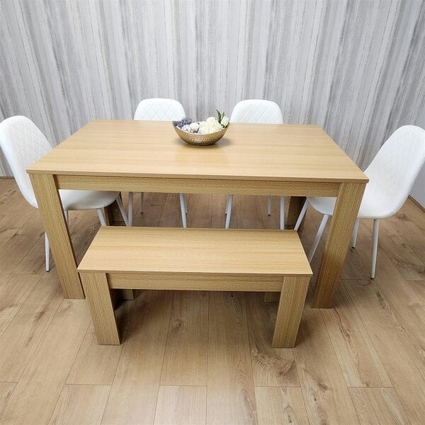 Kosy Koala Wooden Dining Table Set for 6 Oak Effect Table With 4 White Gem Patterned  Chairs and 1 Bench
