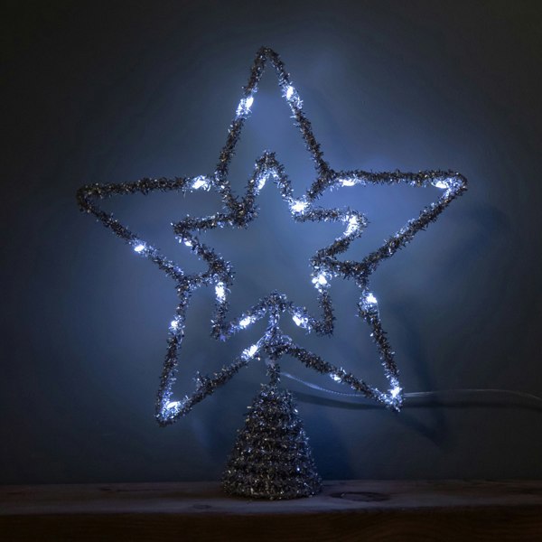Samuel Alexander 28cm Battery Powered Silver Christmas Star Tree Topper with White Multi-Action LEDs