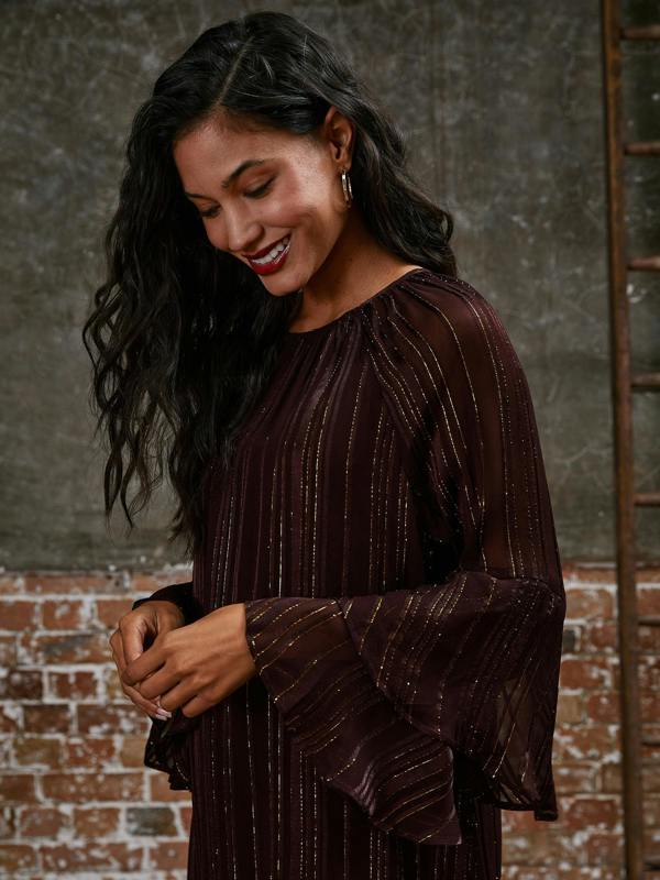 Rose & Nancy Kaia Burgundy Flute Sleeve Mini Dress