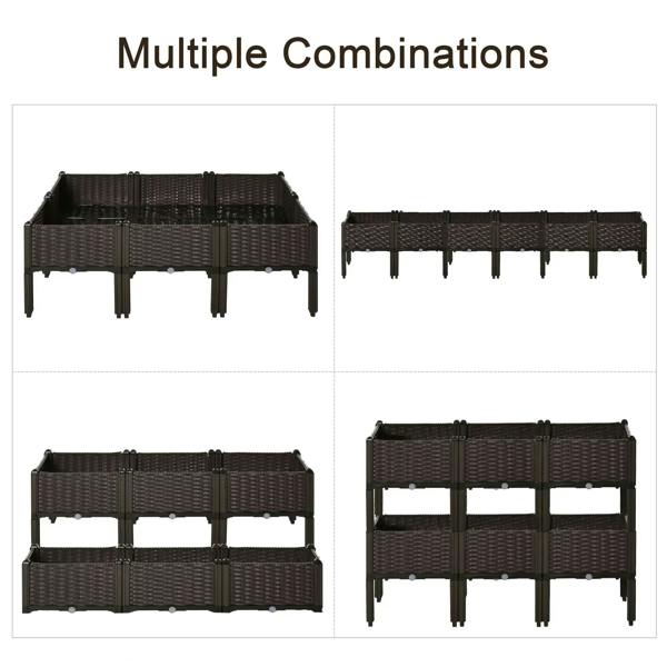 Brown raised planter bed set shown in multiple rectangular layout combinations