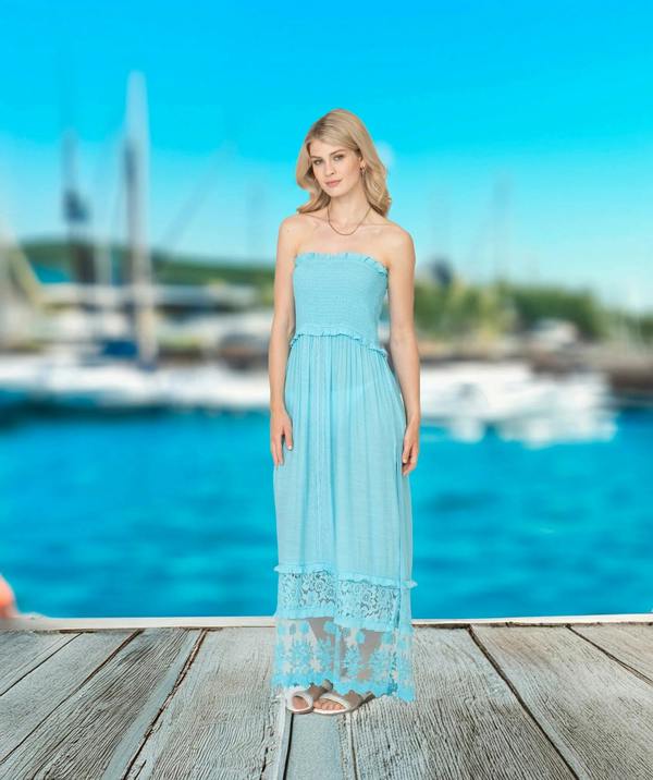 Pink Lace Trim Maxi Dress with Slip On Design