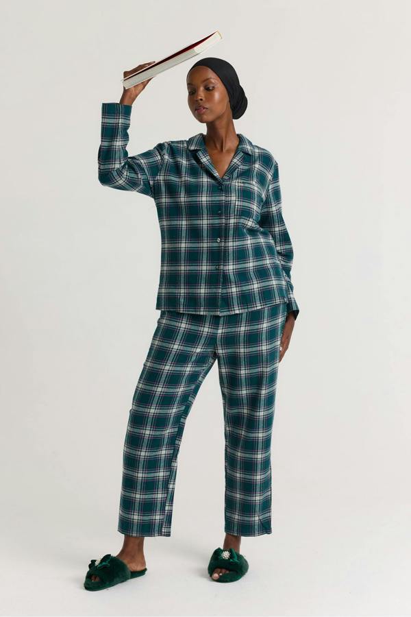 Plaid Long Pyjama Set in Green - Pajamas