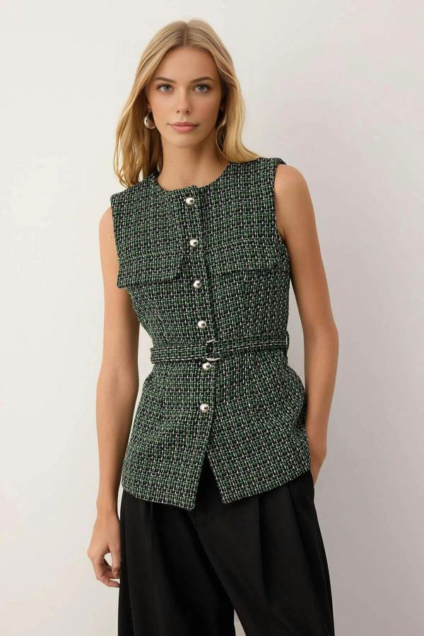 WOVCOR Woven Tweed Vest with Belt and Buttons