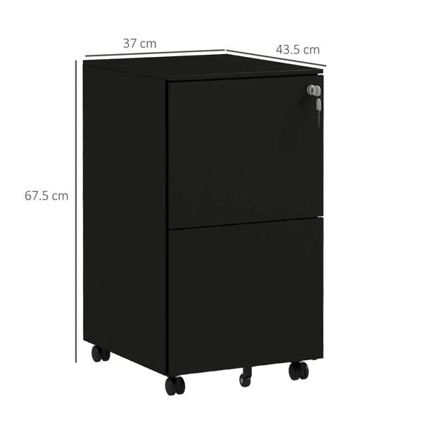 Black vertical 2-drawer filing cabinet on wheels with lock