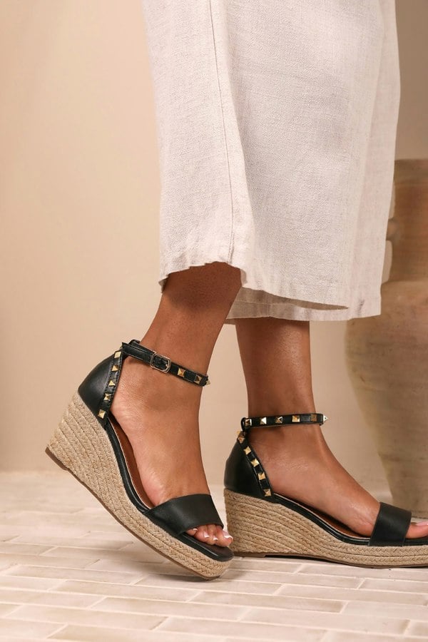 Where's That From Presley Wide Fit Wedge Sandals With Gladiator  Ankle Strap in Black Pu