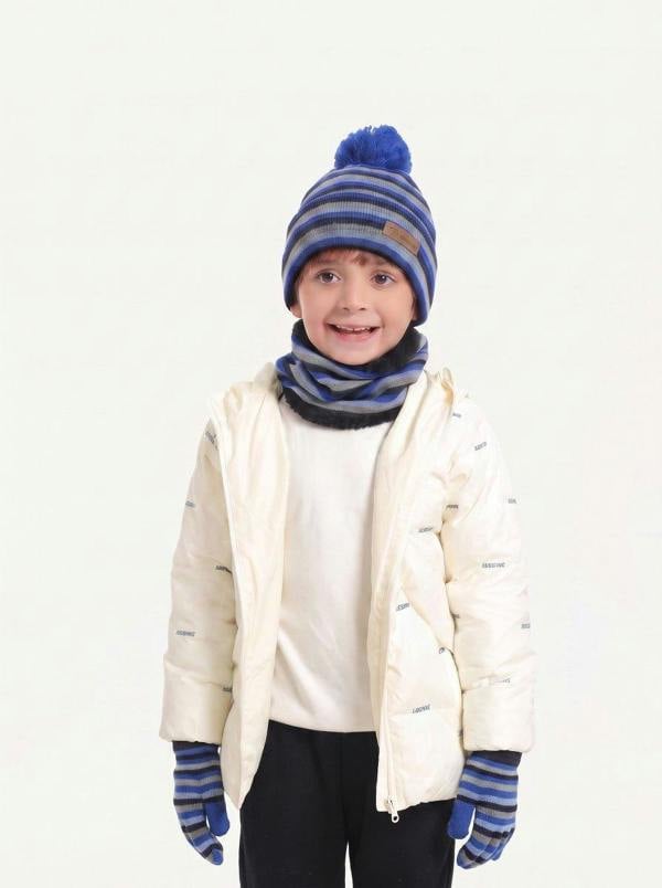 Anniou Kids Striped Knit Hat Scarf Mittens  Set - Lake blue