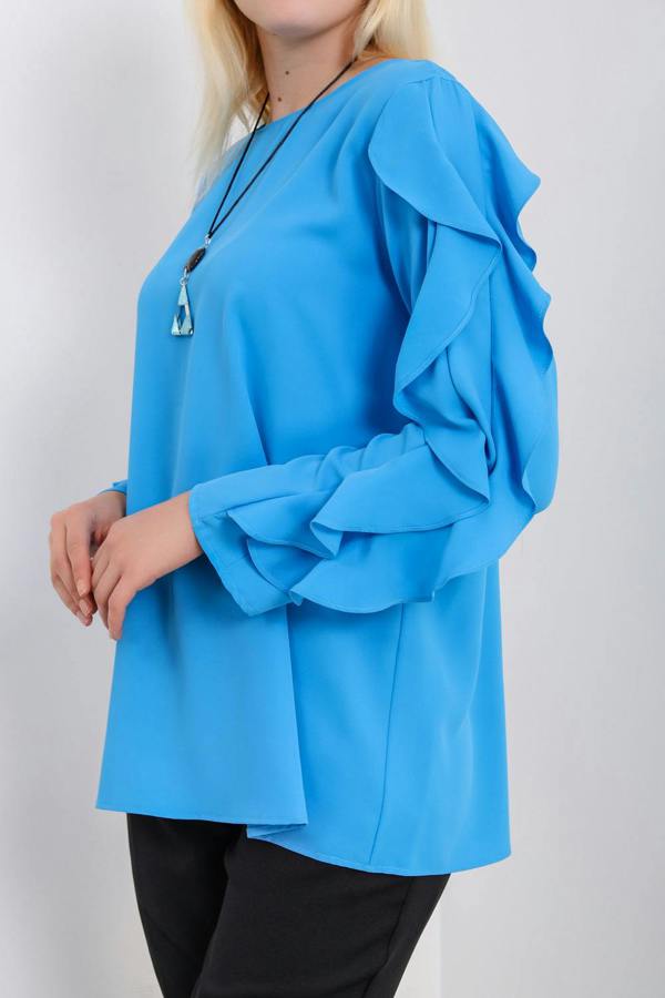 Hoxton Gal Oversized Ruffle Sleeve Relaxed Fit Top In Blue
