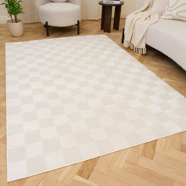 Beige checkered rug Fade Stain Resistant Rug