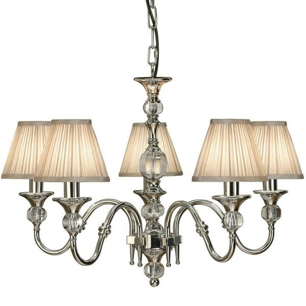 Diana Ceiling Pendant Chandelier Bright Nickel & Beige Pleat Shade 5 Lamp Light Loops