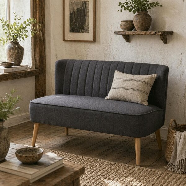 Wyld Haus Kecoba Dark Grey Fabric Compact 2 Seater Sofa With Padded Seat And Wooden Legs