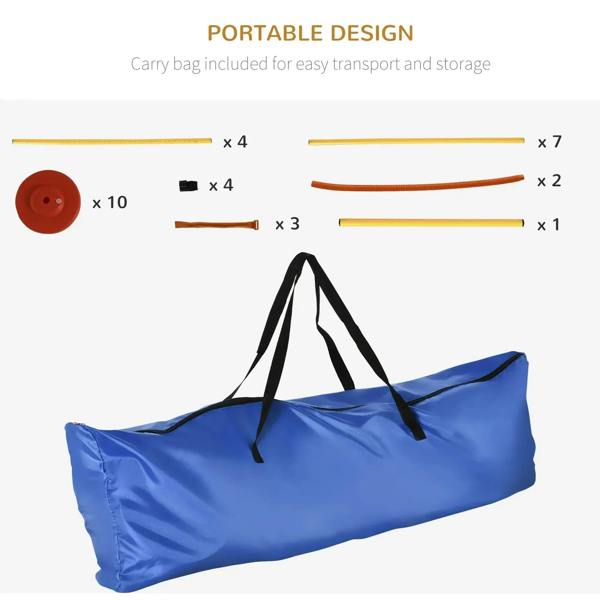 Portable obstacle set with carry bag, yellow poles, red discs, and orange ring