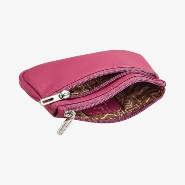 Pink Leather Double Zip Coin Purse Open View