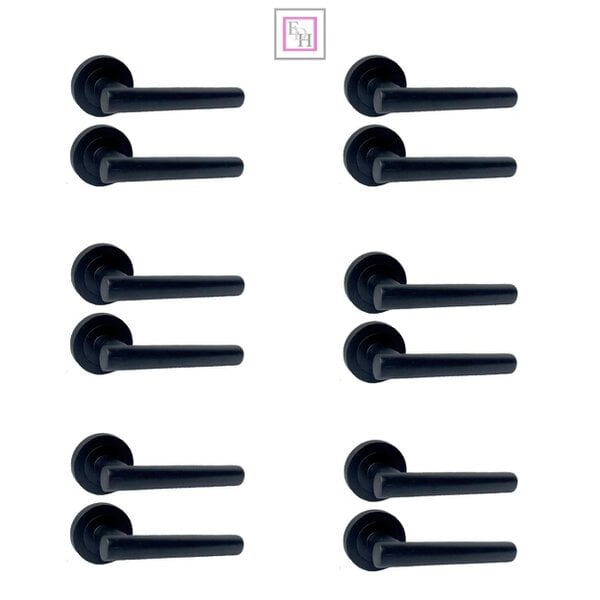 EDH Door Hardware Matt Black T Bar Door Handles on Round Rose – Straight Lever Handle 6 Pairs