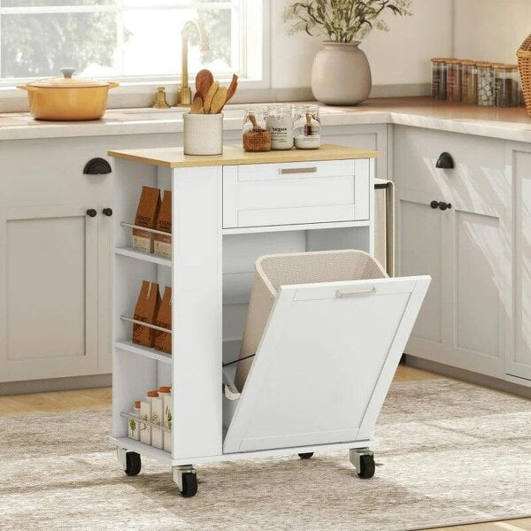 Kitchen Storage Trolley on Wheels, Rolling Kitchen Island with 2 Drawers, Tilt-Out Rubbish Cabinet and Storage, White - White