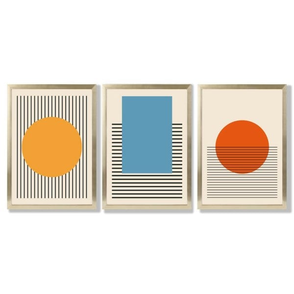 Set of 3 Geometric Yellow Blue Red Framed Art Prints with Gold Wood Frames