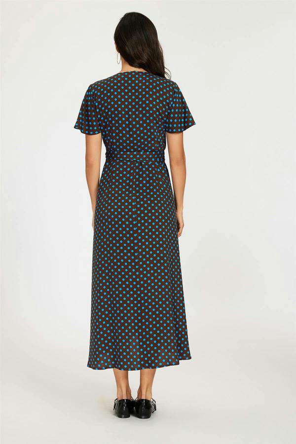 FS Collection Brown & Blue Polka Dot Print Wrap Maxi Dress
