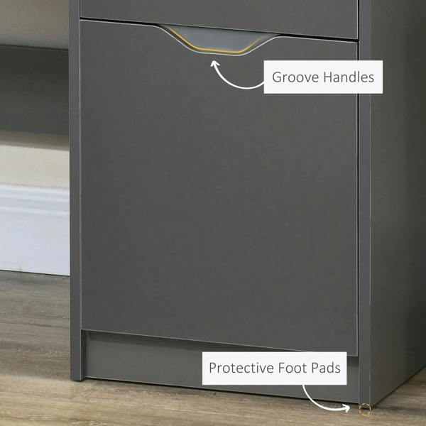 Grey desk drawer with curved groove handle and protective foot pads