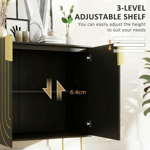 Black sideboard with open doors showing 3-level adjustable shelf inside and gold tone hinges