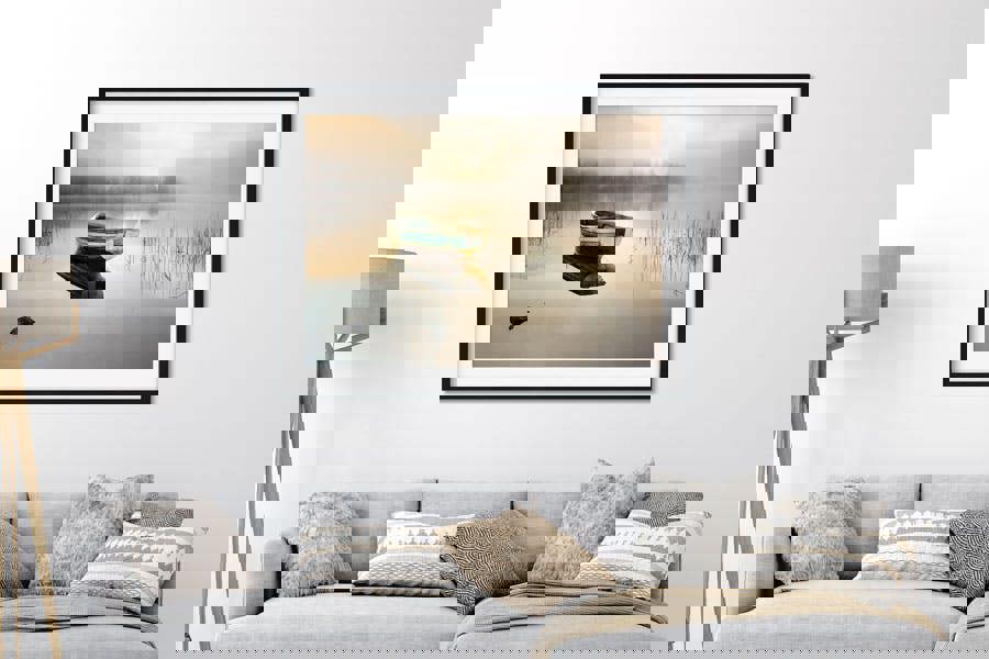 misty loch with rowing boat fine art print