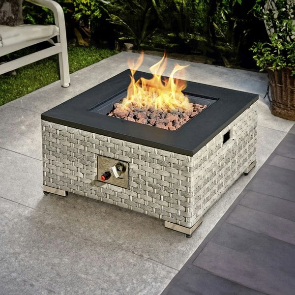 RoyalFire Royal Fire Icarus Rattan Firepit Coffee Table in Dove Grey with Iron Top
