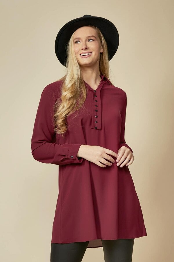 Hoxton Gal Tunic Shirt with Button Details in Burgundy