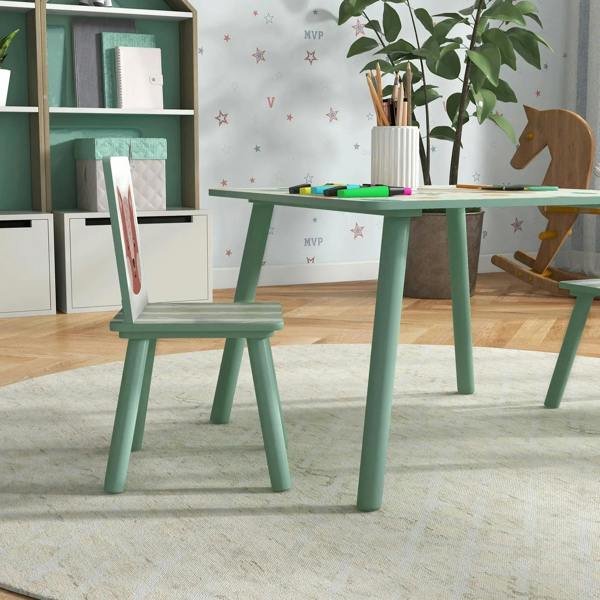 Green kids table and chair with bear backrest and colorful animal tabletop