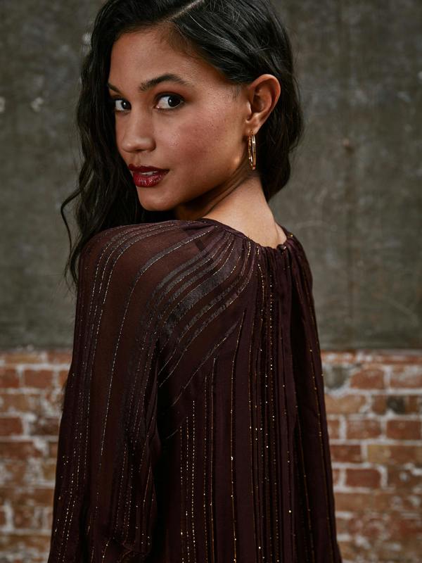 Rose & Nancy Kaia Burgundy Flute Sleeve Mini Dress
