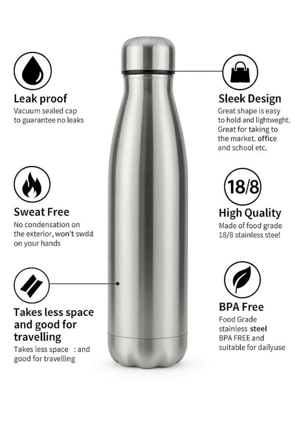 Dyzi 500ml Stainless Steel Water Bottle Leak Proof BPA Free Silver